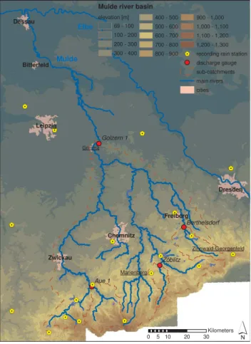 Fig. 3. Topographic map of the Mulde river basin showing the sub- sub-catchments and points of interest mentioned in the text.