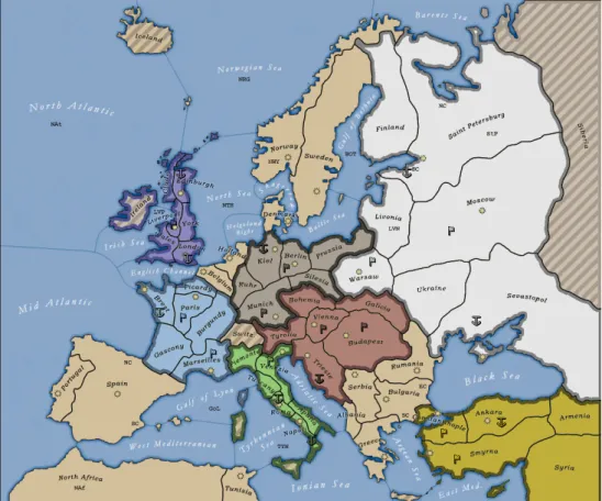 Figure 2.1: Map of Diplomacy in its initial state at the start of the game