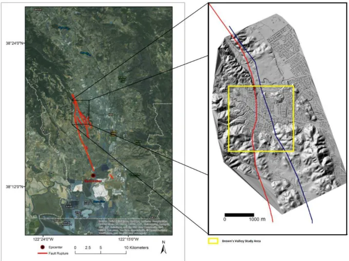 Figure 1. Map of field identified earthquake traces (red) in the Napa Valley after South Napa earthquake