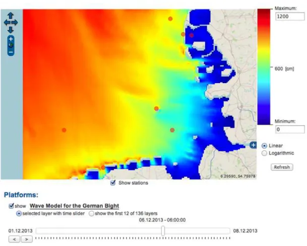 Figure 8. The map of the significant wave heights during the winter storm from a forecast wave model (data from A