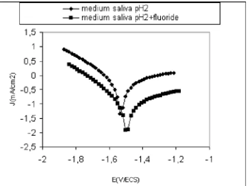 Figure 2. Polarization curves after 2h of immersion in medium saliva pH 2 with and without  fluoride 