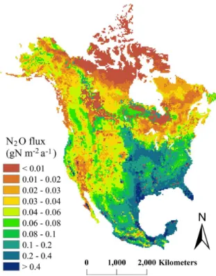 Fig. 2. Spatial variations of terrestrial N 2 O fluxes caused by global change factors over North America from 1979 to 2010.