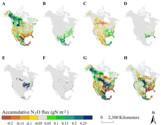 Fig. 3. Factorial contributions to the spatial variations in cumulated N 2 O flux over North America from 1979 to 2010 (A: climatic variability;