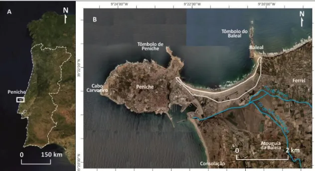 Figura  1. Localização  geográfica  da  Península  de  Peniche  (A)  e  do  sistema  dunar  de  Peniche-Baleal  (B)