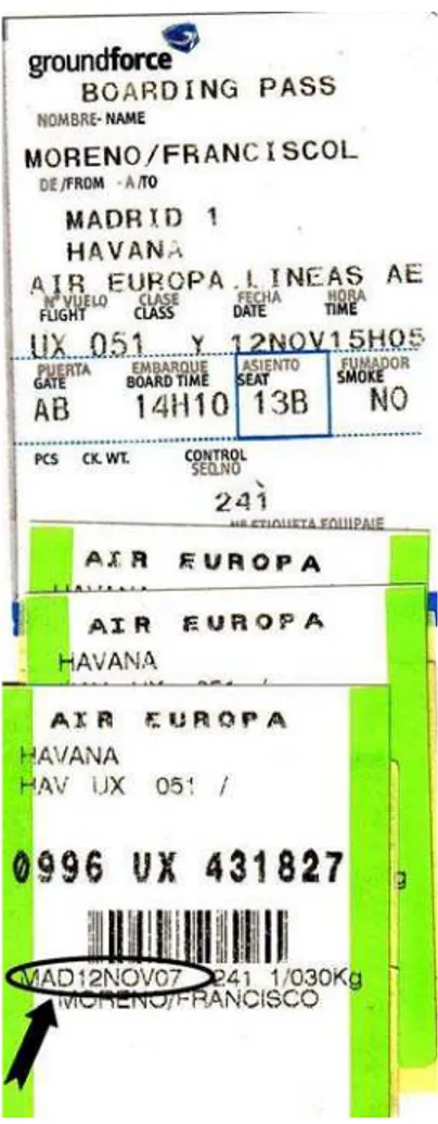 Fig 3 Billete de vuelo Madrid-La Habana. La flecha señala el óvalo   dentro del que se resalta la fecha.