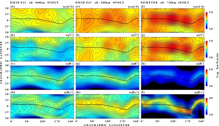 Fig. 1. Morning ion density variations from RPA onboard DMSP-F13, DMSP-F15 and DEMETER (left to the right), presented in isodensity maps from ±50 ◦ geographic latitude vs