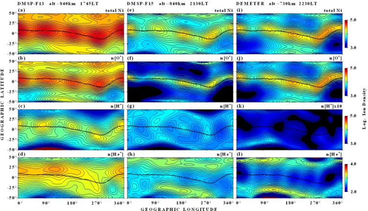 Fig. 3. Evening ion density variations from RPA onboard DMSP-F13, DMSP-F15 and DEMETER (left to the right), presented in isodensity maps from ±50 ◦ geographic latitude vs