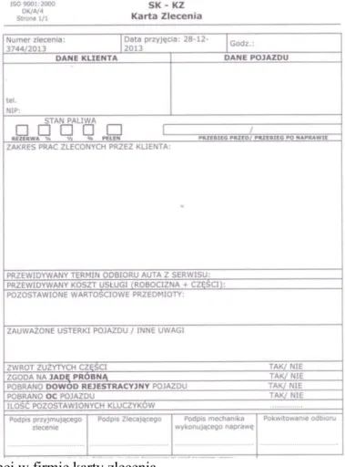 Fig. 1. The template of an order form used in the examined company  