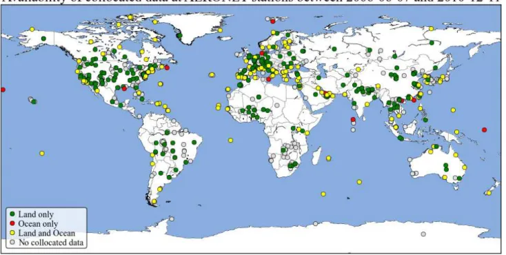 Fig. 2. Distribution of AERONET stations used in the study. Green, red, and yellow colors indicate stations that can be classified as land- land-only (233 sites), ocean-land-only (11 sites), or both land-and-ocean (149 sites), respectively