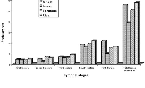 Figure 1.  Influence  of different diets  of C orcyra  larvae on the predatory rate (num ber of  prey/predetor/stadia) of R 