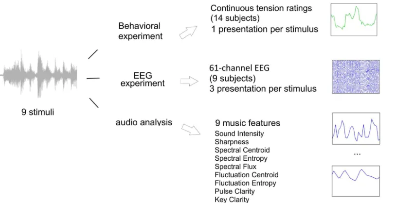 Fig 1. Overview of experiments and data types. In the present study data related to the processing of a set of music and non-music sounds is obtained in three steps