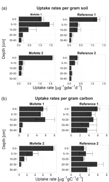 Figure 3. CO 2 uptake rates along depth profiles of mofette and reference soils as determined by bulk measurements from  exper-iment 2