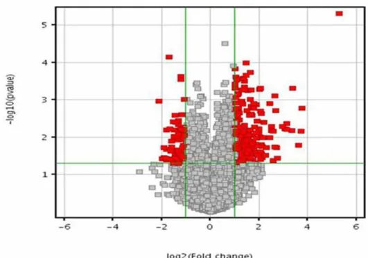 Figure 1. Volcano plot of differentially expressed transcripts. (A) Normal untreated vs normal rottlerin-treated fibroblasts