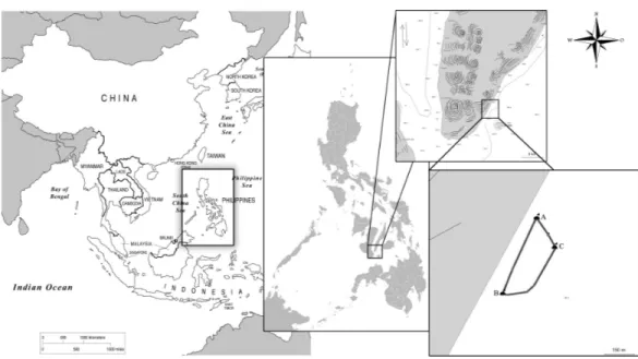 Figure 1 Map of the study site and interaction area demarked by buoys (A, B, C) in Barangay Tan- Tan-Awan, Municipality of Oslob, Cebu Province, Philippines.