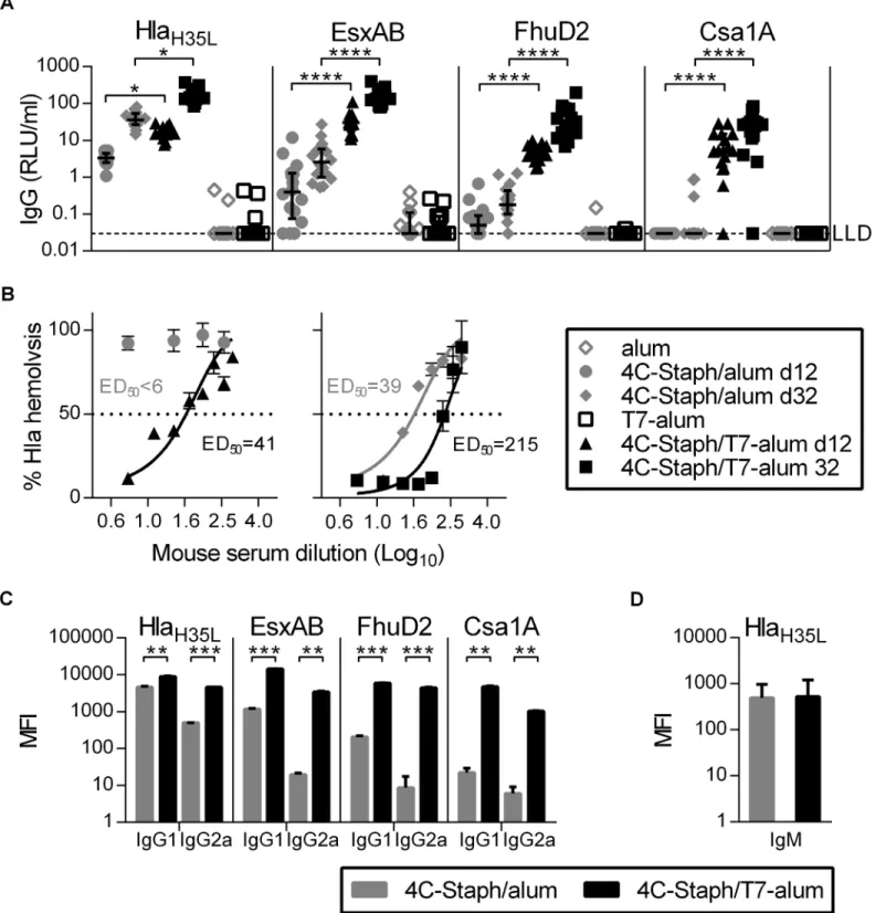 Fig 2. One dose of 4C-Staph/T7-alum induces functional antibodies. BALB/c mice (n = 16) were immunized once with 4C-Staph/T7-alum or 4C-Staph/