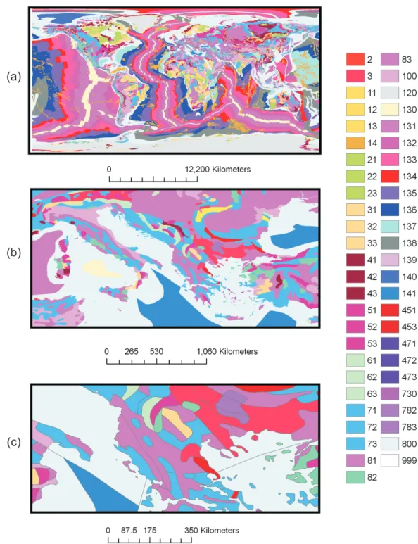Fig. 4. Geology as given by Commission for the Geological Map of the World – CCGM (2000): (a) Global view; (b) focussed on South-East Europe; (c) focussed at higher-resolution in South-East Europe.