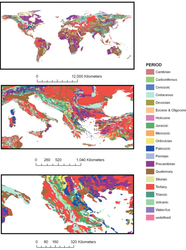 Fig. 5. Geology (GG) as given by Hearn et al. (2003): (a) Global view (b) focussed on South-East Europe, (c) focussed at high-resolution in South-East Europe.