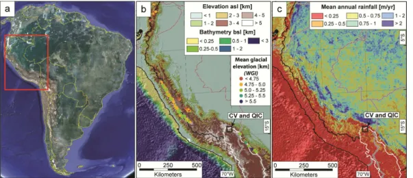 Fig. 1. Location of the study area – (a) South American continent, (b) topography and (c) rain- rain-fall for the northern and central Andes