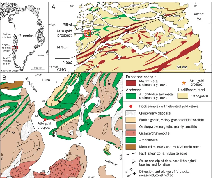 Fig. 1.  A : Geological map of the Attu region with index map of Greenland.  CNO , central Nagssugtoqidian orogen;  NNO , northern Nagssugto- Nagssugto-qidian orogen;  NSSZ , Nordre Strømfjord shear zone