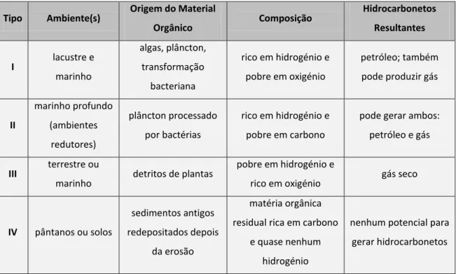 Fig. 6 – Descrição sumária dos vários tipos de Querogénio existentes numa rocha mãe (Gomes e Alves,  2007)