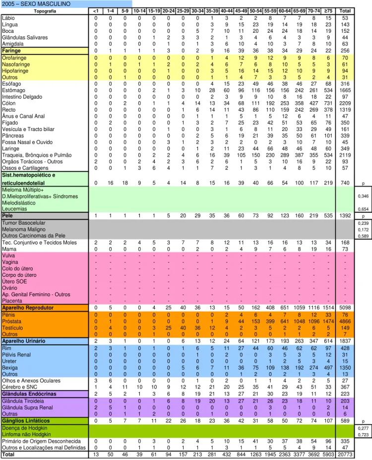 Tabela 3: Número de novos casos por topografia, no ano 2005, do sexo masculino. 