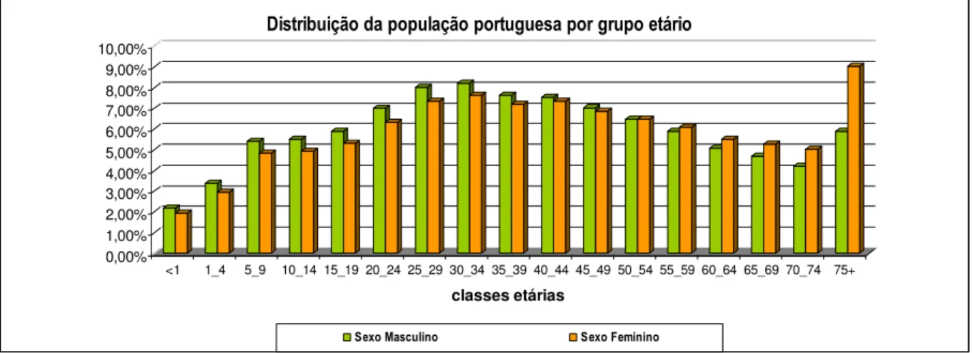 Figura 4: Representação gráfica da distribuição da população portuguesa em 2005 nas várias faixas  etárias