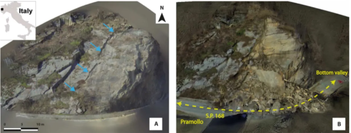 Figure 1. Comparison between 3-dimensional solid images of the study area before (a) and after (b) the San Germano rockfall event