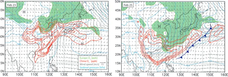 Fig. 12. Chinese and European contributions to O 3 and CO over Japan at 00:00 UTC on 23 and 25 February 2001 showing the development and movement of air masses associated with a developing frontal system (approximate position on 25 February marked in blue)