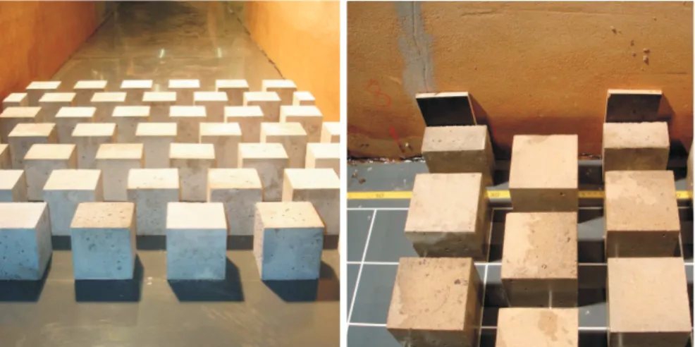 Fig. 5. Photographs of the MR element implementation. Left:Example of a staggered MR ele- ele-ment configuration, Right: Half cubes used at the flume walls.