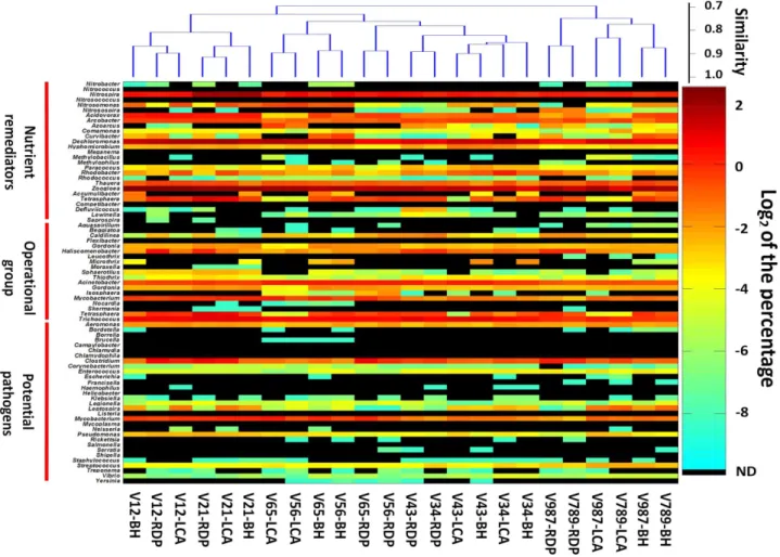 Figure 2. Percentages of pyrotags identified as concerned genera for various multi-variable-regions by three methods