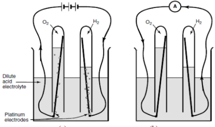 Fig. 1.  (a) The electrolysis of water. The water is separated into hydrogen and oxygen by the passage of an electric current