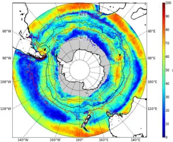 Fig. 4. Percentage (from 0 to 1) of the overall variance explained by the mean seasonal cycle for the Southern Ocean south of 30 ◦ S.