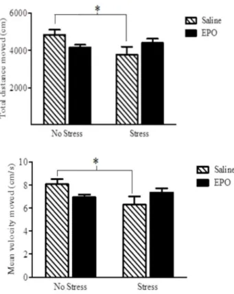 Figure 2.  Total distance moved (top panel) and velocity of movement  (bottom  panel)  in  an  open  field  (OF) arena