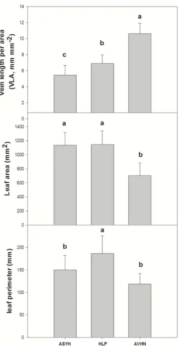 Fig 5. Comparisons of vein length per unit area (VLA), leaf area and leaf perimeter of jujube leaves sampled in three jujube cultivation areas (ASYH, HLP, and AVHN area) in China