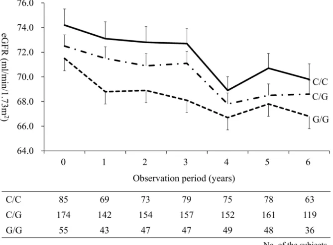 Fig 2. The longitudinal changes in eGFR stratified by the PNPLA3 genotype among normal weight subjects