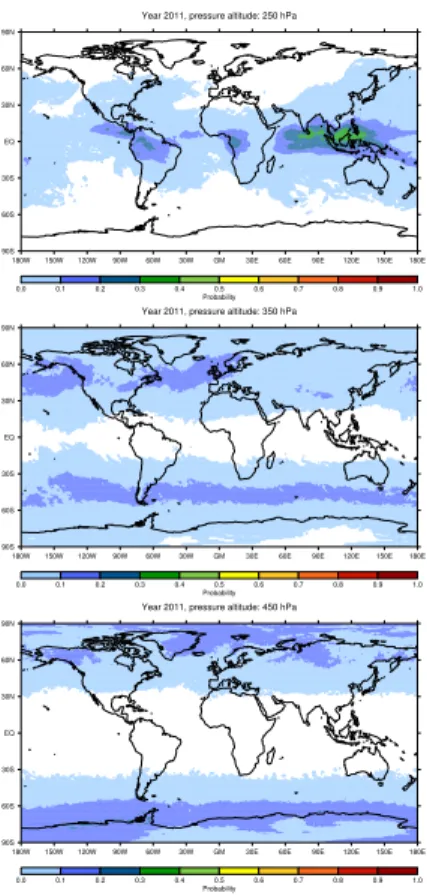 Fig. 6. As Fig. 4, but only regions where an aerodynamic contrail would be persistent (i.e.