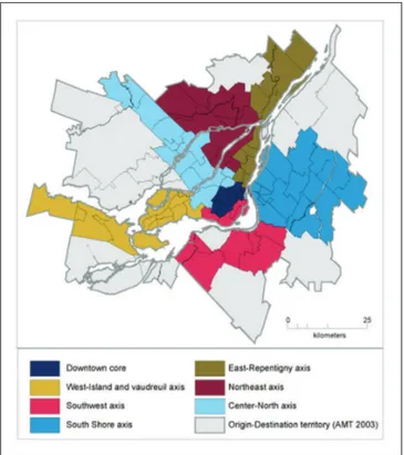 Figure 1.  The seven axes of mobility and the downtown core of  the Montréal Metropolitan Region.