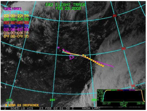 Fig. 1. GOES-10 visible channel image, 23 February 2003. ER-2 route and the drop-sondes positions are shown (from http://www-angler.larc.nasa.gov/thorpex/).