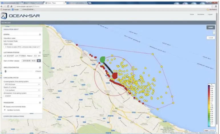 Figure 16. Results of the real case scenario called MONOPOLI; the simulation was done using OCEAN-SAR showing the positions (yellow points and red points on the coast) of the particles at the end of the simulation 14:45 UTC on 6 August 2014