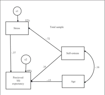Figure 2.  Model with standardized parameters calculated by  maximum likelihood in the total sample (one-group analysis).