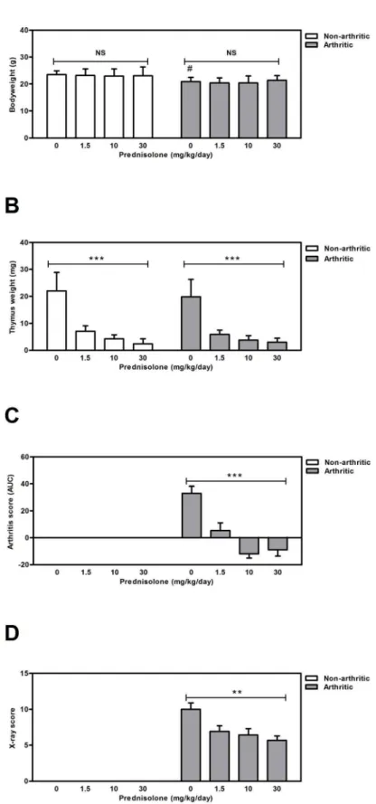 Figure 2. Effects of prednisolone on bodyweight, thymus weight and arthritis development after 21 days of treatment