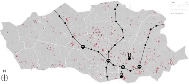 Fig. 48: Mapa de delimitação: linha do Metro do Porto e paragens dispostas por afluência.