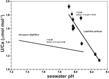 Fig. 6. In situ seawater pH and coral U / Ca ratios of the sclerac- sclerac-tinian azooxanthellate cold-water coral Lophelia pertusa avoiding the centre of calcification (COC)