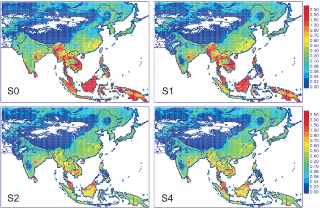 Fig. 8. Annually averaged isoprene emission rates computed in the S0, S1, S2 and S4 simulations for 2005