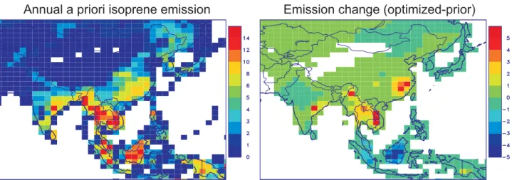 Fig. 12. Annual a priori isoprene emission in 2008 and deviation from the a priori inferred by an inversion constrained by GOME-2 HCHO columns