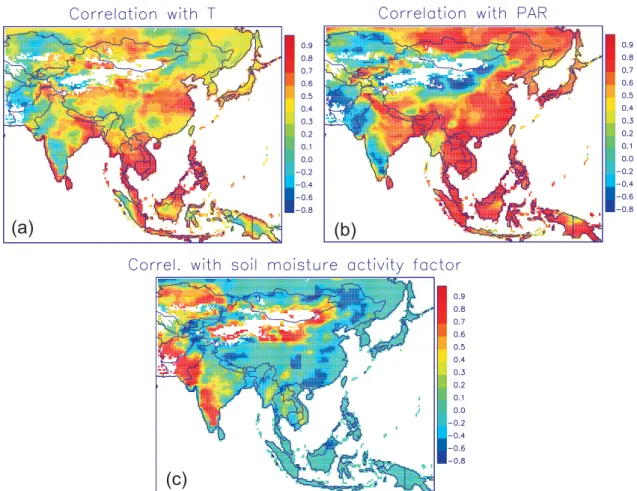 Fig. 4. Correlation coefficient between the annual isoprene emission and air temperature (a), above-canopy solar radiation (b), and the soil moisture stress activity factor (c) over 1979–2012.