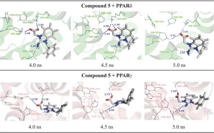 Fig 6. Final nanosecond snapshots of compound 5 molecular dynamic simulations in complex with PPAR subtypes