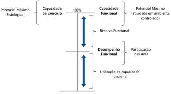 Figura  1  –  Conceitos  de  avaliação  funcional.  Adaptado  de  Functional  Tests  in  Chronic  Obstructive  Pulmonary  Disease,  Part  1:  Clinical  Relevance  and  Links  to  the  International  Classification  of  Functioning,  Disability  and  Health