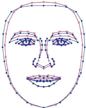 Figure 2. Face shape change associated with moving from low (red) to high (blue) scores  on the morphometric masculinity index 