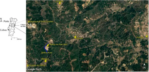 Figure 1. Cabeço do Pião dam location in Portugal and surrounding villages. Map data: Google Earth Pro, Maxar Technologies [8].